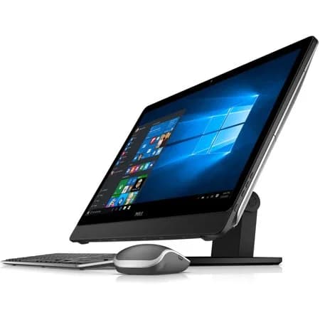 Computador all-in-one, com o gabinete embutido atrás da tela, ao lado de teclado e mouse.