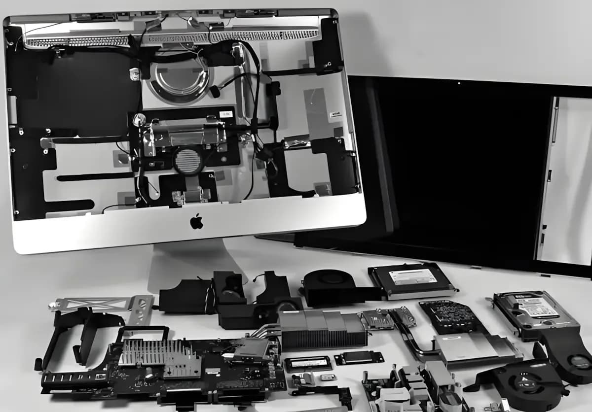 iMac aberto com as peças internas dispostas em fileira sobre a bancada.